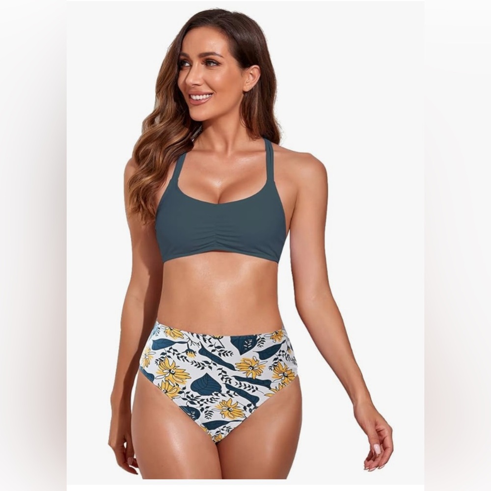 NWT SuitMine Blue & white tropical print 2 piece high waisted bikini sz sm